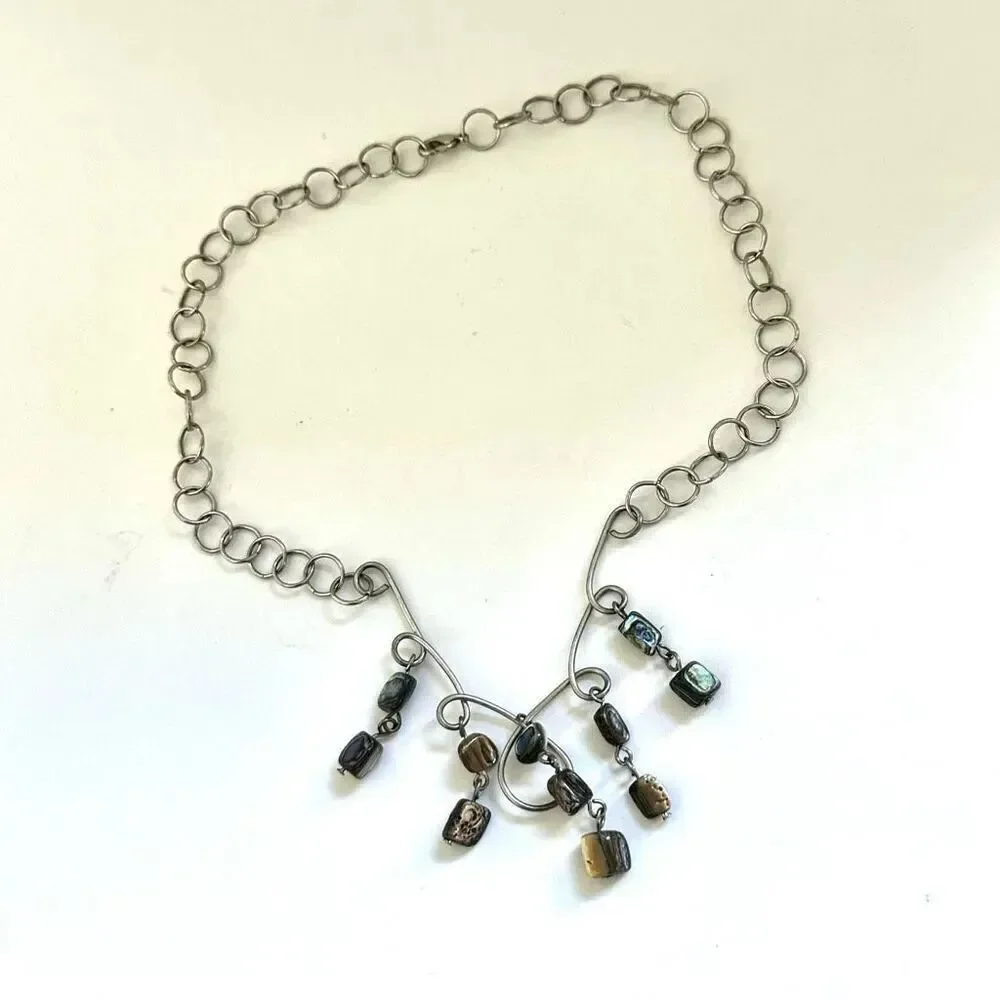 Silver tone abalone wire pendant necklace